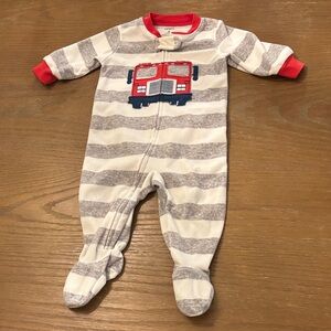 Carter's Gray and White Striped Footie with Red Fire Truck